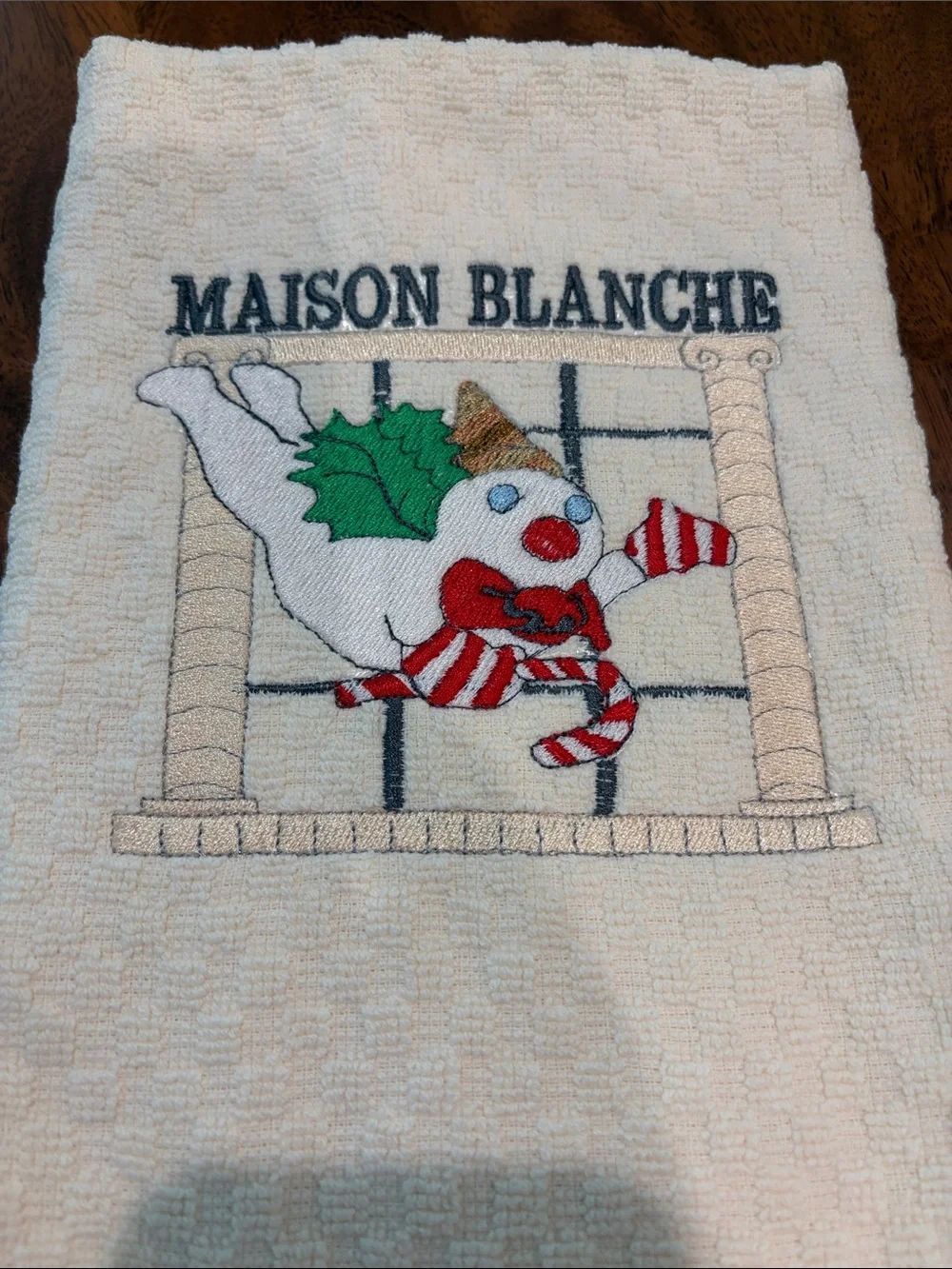 Festive Maison Blanche Cream Holiday Snowman Embroidered Kitchen Towel
